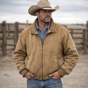 Duke Haband Tan Suede Bomber Chore Warm Jacket Relaxed Fit Ribbed Cuffs Sz XL